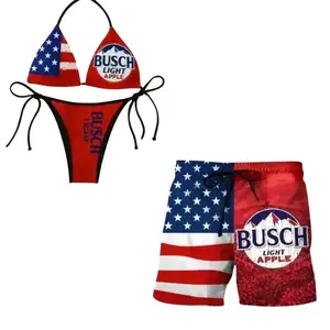 Matching Couple Swimwear Set, Bussch Light Applee Americ@n Flag Bikini & Board Shorts, Perfect Gift for