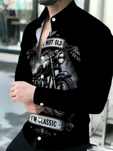 Men's Summer Long Sleeve Shirt Fashion Casual black with classic motorcycle print Button Shirt