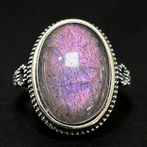 Vintage 925 Sterling Silver Purple Labradorite Adjustable Ring, Natural Flash Labradorite Oval 14*10mm Statement Ring For Women