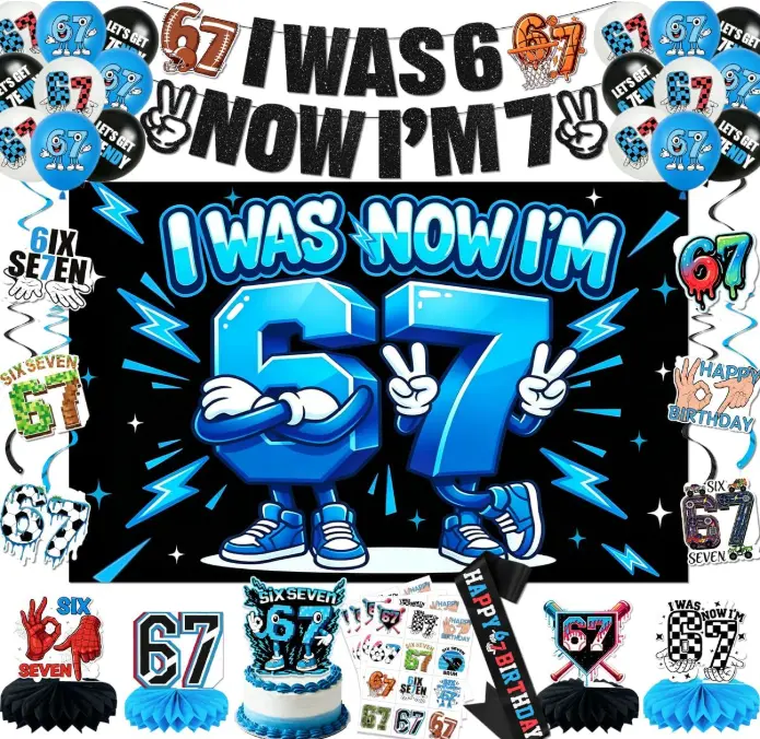 6-7 Transition Birthday Party Decorations Kit with I Was 6 Now I'm 7 Banner, Backdrop, Tattoos, Sash, Balloons, Cake Toppers, Centerpieces, Hanging Swirls for Meme Themed Festive Supplies, Six Seven, Complete Kit