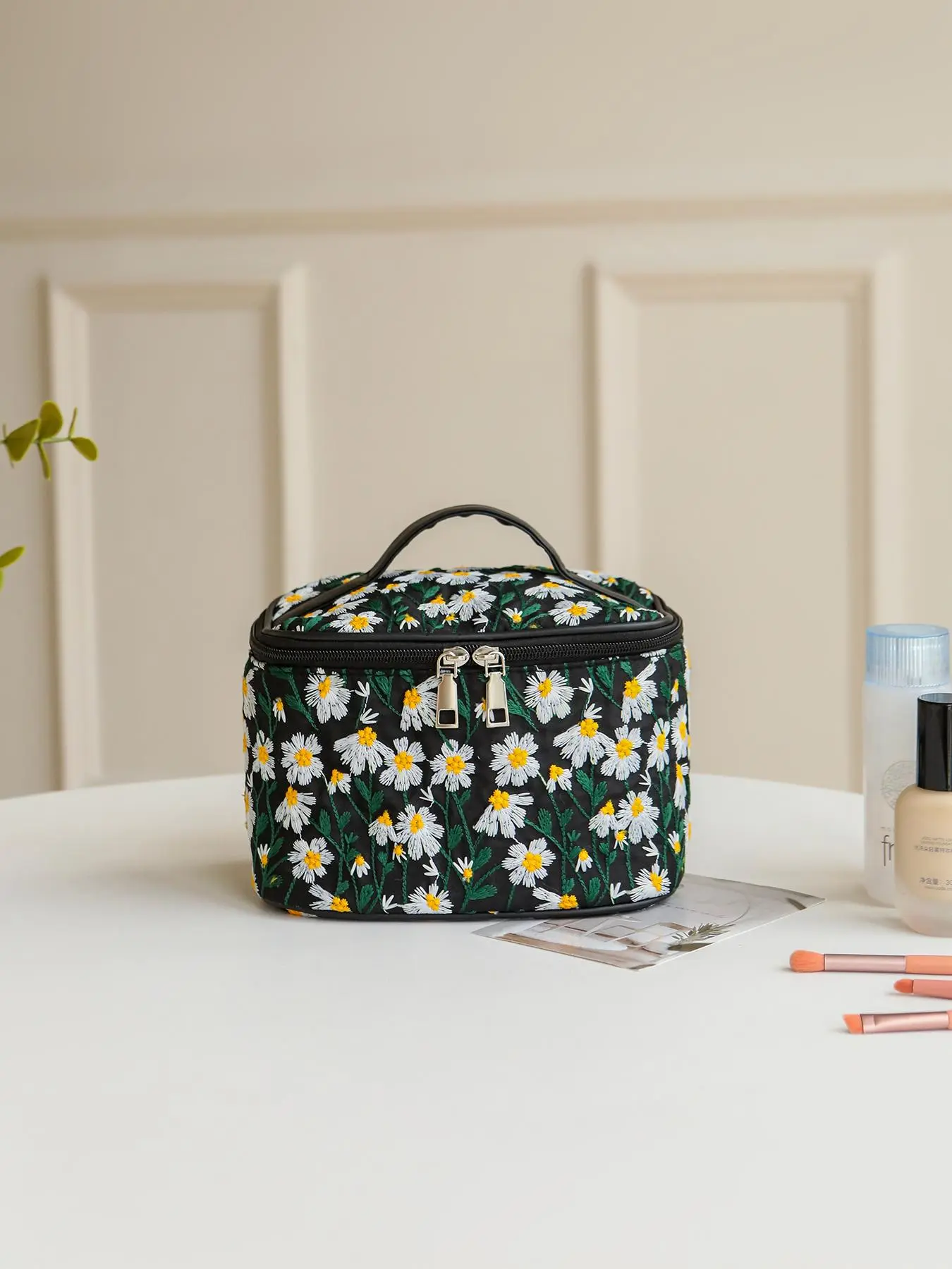 Floral Embroidery Makeup Bag, Large Capacity Cosmetic Storage Bag, Portable Travel Toiletry Bag, Zipper Makeup Organizer Pouch