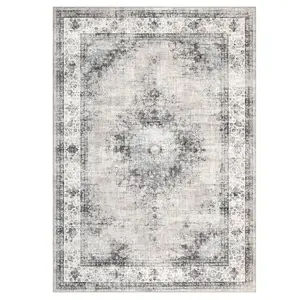 6 ft x 4 ft Light Taupe Polyester Rectangular Vintage Floral Medallion Area Rug, Machine Washable for Living Room, Bedroom