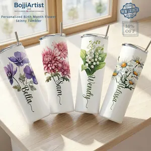 BojjiCo Customized Birth Month Flower Personalized Name Insulated Reusable Skinny Stainless Steel Water Bottle Tumbler with Lid, White Floral Print Portable Kitchenware Gift for Women, Cottagecore Preppy Botanical Aesthetic Drinkware