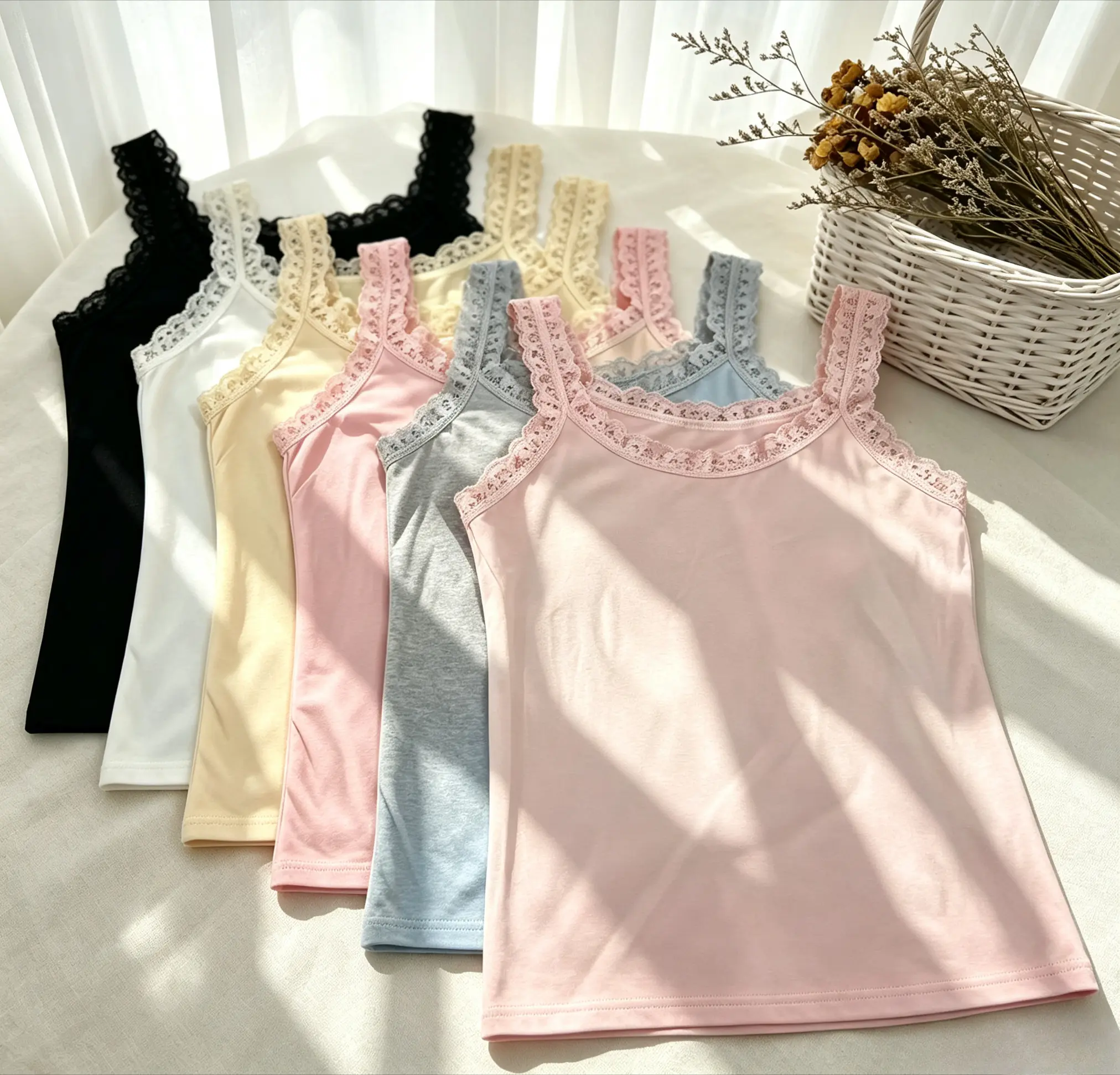 3pcs/6pcs Solid Colors Vest, Lace Patchwork, Lace Round Neck Camisole Women's Top Summer Wear 6PCS Tanks vest