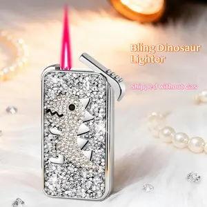 Bling Bling Dinosaur Lighter (Without Gas) - Fully Encrusted Rhinestone Sparkling Refillable Butane Lighter - Adjustable Flame, Luxury Aesthetic Unique Gift for Her (Butane Not Included)