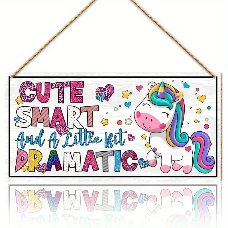 Cute Smart Unicorn Wooden Wall Sign with Stars and Hearts, Rainbow Unicorn for Girls' Room, Toy Room, Kindergarten, 11.8x5.9 Inches
