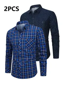 Men's Long Sleeve Classic Style Casual Checkered Shirt 2-Pack, Casual Plaid Shirt, Stylish Button-Up Shirts for Everyday Wear, Comfortable Fit for All Occasions