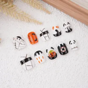 Black White Simple Halloween Press On Nails,Short Oval,Cute Donut ,Pumpkin ,Purely Hand-Painted Manicure,Birthday Gifts