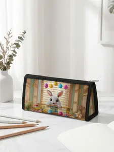 1 piece of Easter limited edition pencil case with 2D printed Easter rabbit and Easter egg design, ergonomic triangular capacity for portable size|Perfect for students in class/office organization, blending festive atmosphere with practicality