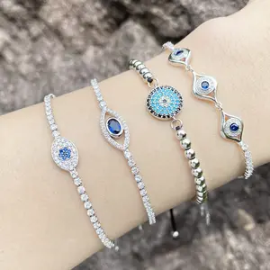 14K Gold Plated Evil Eye Bracelet Set, 4 Pcs Crystal CZ Evil Eye Stackable Bracelets, Dainty Lucky Protection Jewelry for Women
