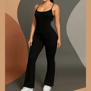 Sculpted Flare Jumpsuit for Women - Black, Sleeveless, Plain Design, Suitable for All Seasons