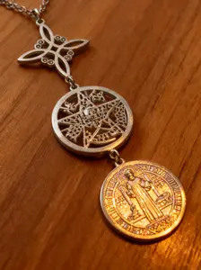 Thanksgiving Guardian Choice! A Unique Witch’s Knot, Four-Line & St. Benedict Necklace - Geometric Pattern Triple Protection Spiritual Talisman, Gold & Silver Dual-Tone Optional,Stainless Steel Unisex Versatile Pendant Chain