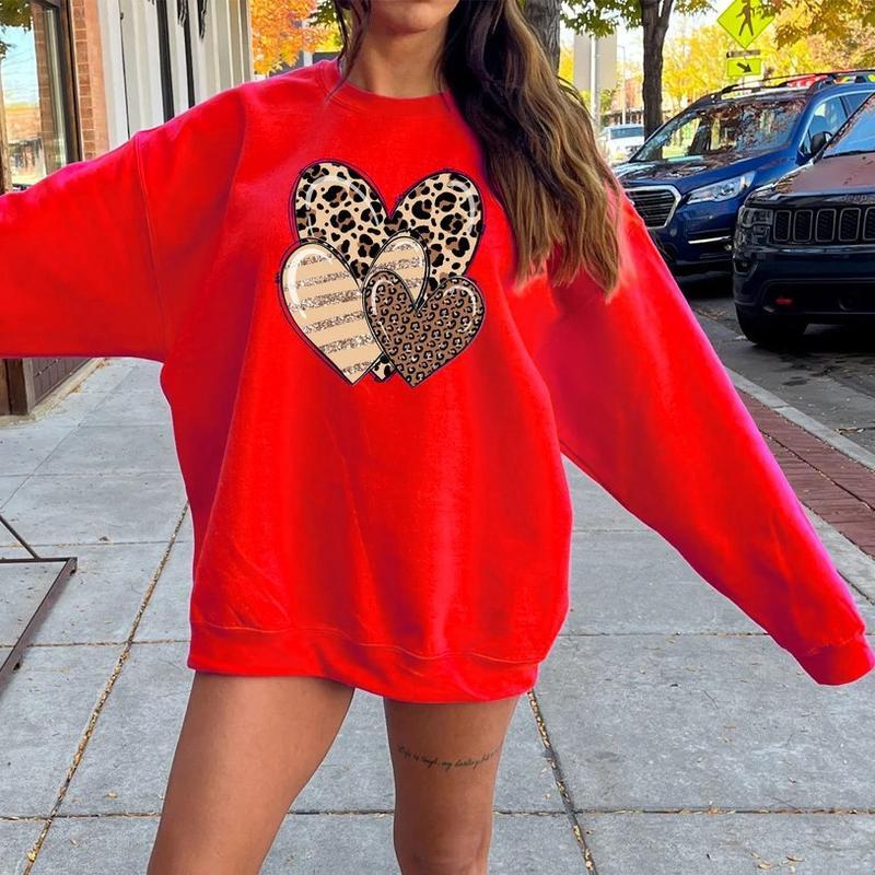 Valentine’s Day Leopard Heart Sweatshirt for Women, Cute Pink Heart Valentine Shirt, Trendy Leopard Print Crewneck, Cozy Romantic Gift for Her, Perfect Valentines Outfit - AH