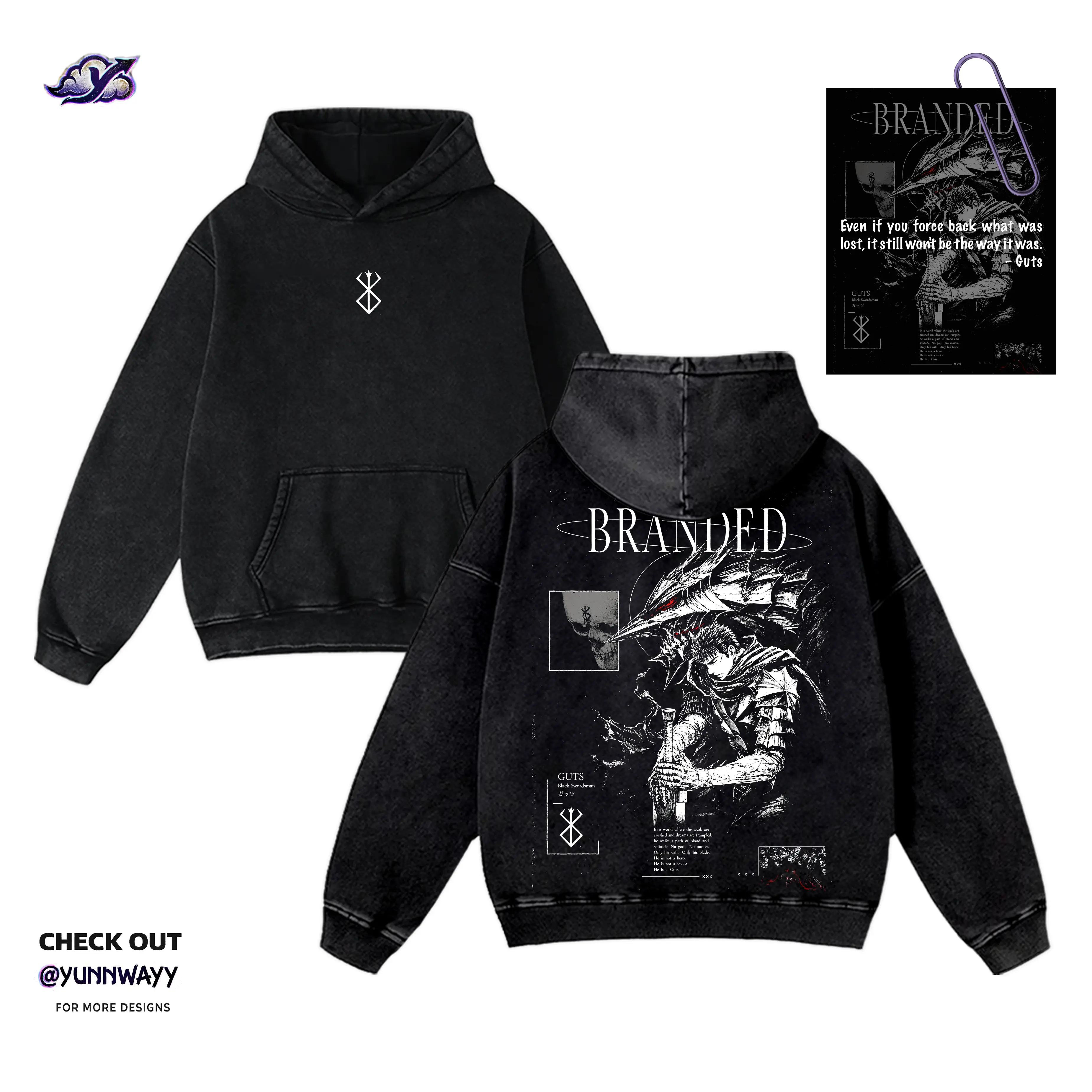 Branded Poster Graphic Hoodie Sweatshirt with Guts Berserk Anime - Men's Vintage Distressed Dark Fantasy Acid Wash Cotton Unisex, Otaku Streetwear, Gift for Berserker Fans