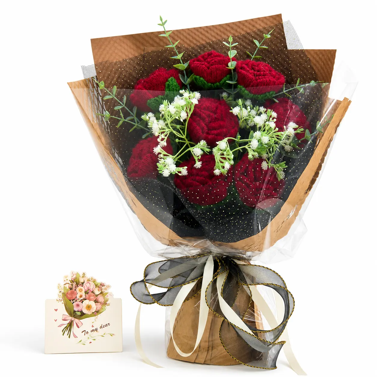 Handmade Crochet Red Cotton Yarn Artificial Roses Bouquet with Greeting Card, Everlasting Rose Flower Gift for Girlfriend, Valentine's Day Bouquet Decorations, Home Decor for Anniversary