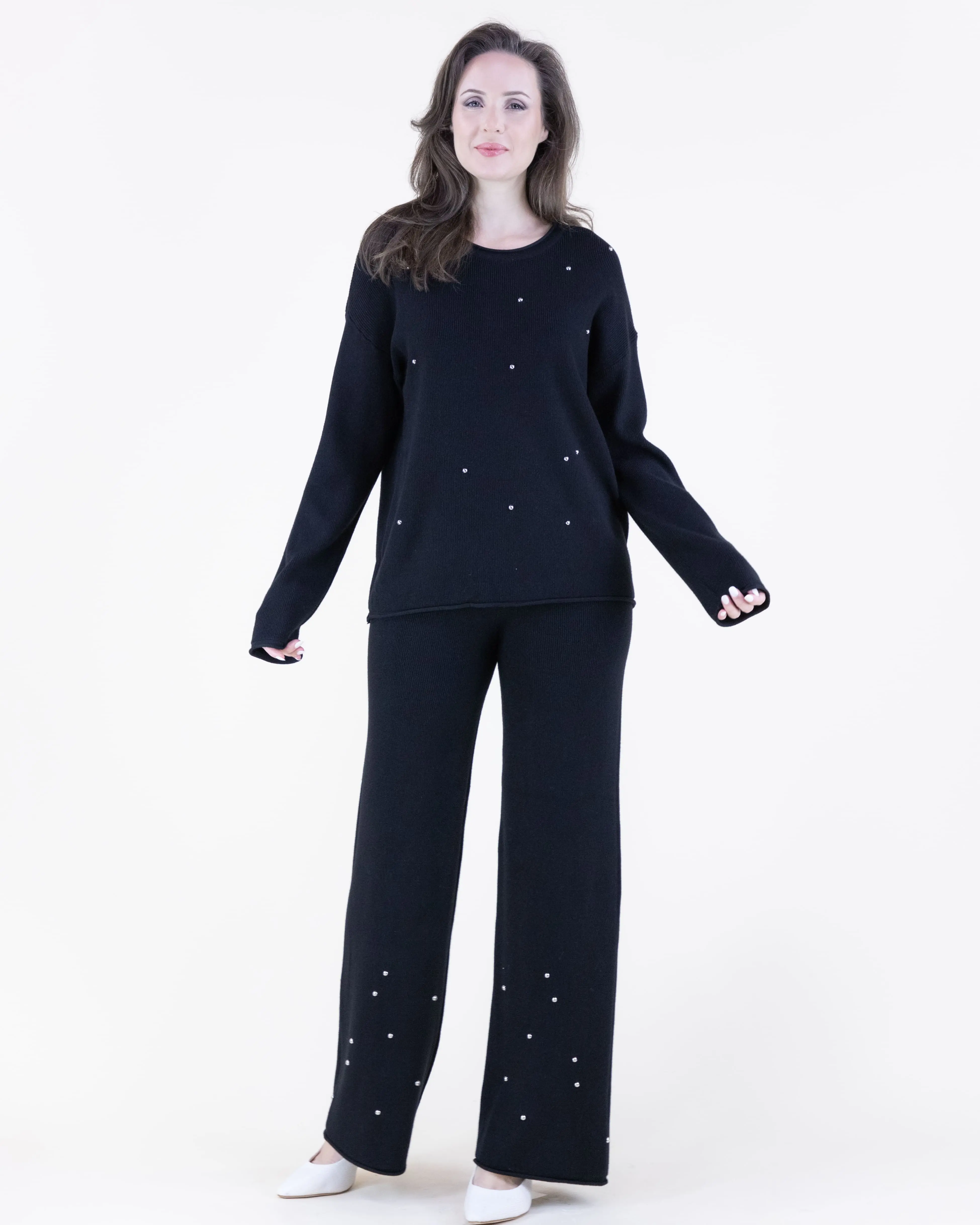 Two-Piece Set Women's Minimalist Modern Edgy Twist Subtle Stud Detailing Knit Sweater & Studded Wide Leg Pants