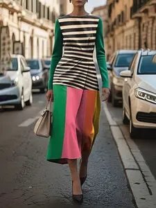 Long Sleeve Colorblock Striped Pleated Round Neck Midi Dress, Stylish Women's Casual Classy Elegant Fashion, Perfect for Spring and Fall