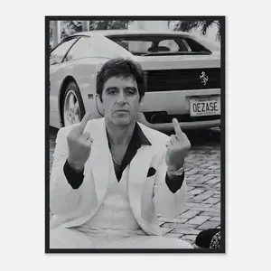 Tony Montana Framed Poster - Scarface 80s Cult Classic Gangster Movie Art, Artistic Painted Paper Photo, Home Decor for Man Cave, Movie Fan Gift