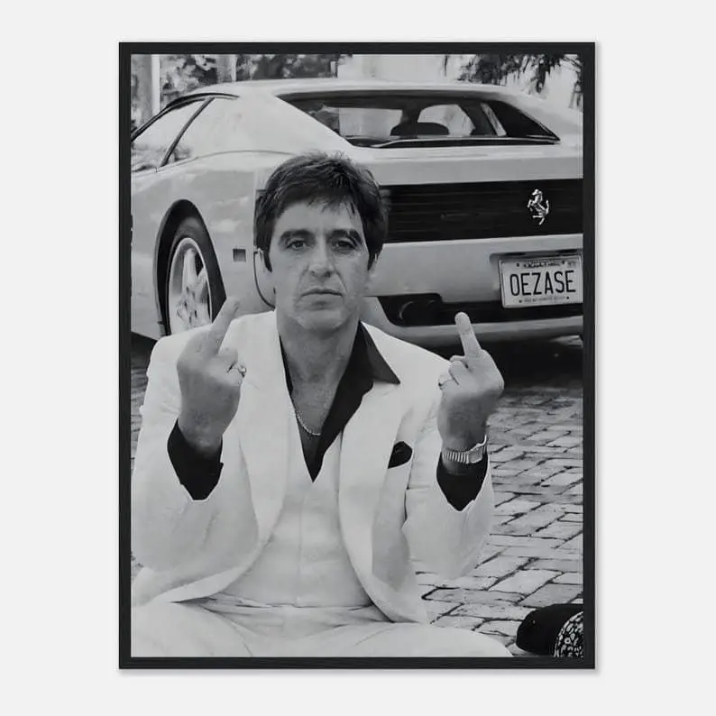 Tony Montana Framed Poster - Scarface 80s Cult Classic Gangster Movie Print, Eco-Friendly Artistic Painted Paper Wall Decoration, Man Cave Room Home Decor Gift for Movie Fans