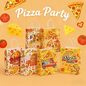 6pcs Pizza Time Gift Bags, Thick Durable Handle Design, Perfect for Birthday Party/favors, Cartoon Pizza Pattern, Eye-Catching