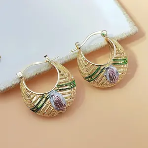 Gold Plated Our Lady of Guadalupe Hoop Earrings for Women, Filigree Huggie Hoops with Green Crystal Accent, Tri-Color Virgin Mary Statement Earrings, Catholic Religious Jewelry Gifts