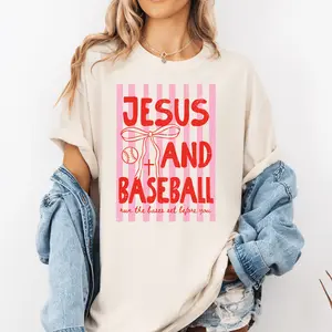Jesus and Baseball PINK style Cute Cotton Tshirt for Fans - Gildan G5000 Crew Neck Summer Top