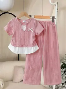 2026 New Girl Summer Casual Two-Piece Set, Ribbed Knit Mock Two-Piece Top + Wide Leg Pants, Soft Skin-Friendly Elastic Fabric