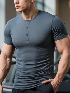 Men's Muscle Fit Henley T-Shirt with Button Sporty Slim-Fitting Top for Fitness Training Casual Tees Daily Wear Athletic Apparel