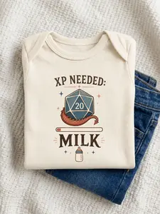 [BUBVORIE] XP Needed Milk Baby Onesie, Funny D20 Tabletop RPG Bodysuit, Nerdy Gamer Baby Shower Gift, Fantasy Newborn Outfit, Pregnancy Announcement Onesie