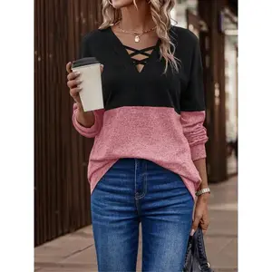 Lune Two-Tone Cross Front Drop Shoulder Pullover Sweater, Fashion Long Sleeve Casual Top for Spring & Fall, Trendy Women's Clothing, Soft Knitwear target snow bunny hoodie recall target snow bunny hoodie snow bunny target hoodie