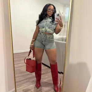 2025 European and American Fashion Casual Stretch Denim Color Block Slim Fit Hip-Hugging Shorts Set