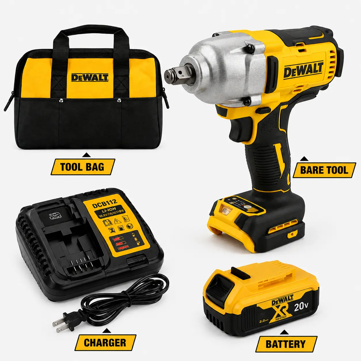 DeWalt DCF900 20V 1/2 Inch Cordless Impact Wrench Brushless High Torque Tool For Car Repair Automotive Maintenance Construction And Industrial Heavy Duty Bolt Removal Professional Use With Battery And Charger Set portable  electric Kit Variable garag,home