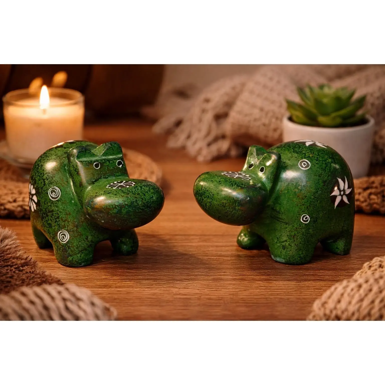 Set of 2 Soapstone Hippo Figurines Hand Carved Kenyan Animal Statue Green Eclectic Shelf Decor Cute Hippopotamus Gift African Art Set