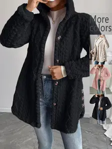 【Plus Size】1 Piece Women's  Fuzzy Hooded Cardigan, Cozy Casual Style, Textured Knit & Side Button Details, Super Soft & Warm for Layering, Suitable for Women's Fall/Winter Daily Wear, Home Lounging & Casual Outings,  Fuzzy Cardigans for Women