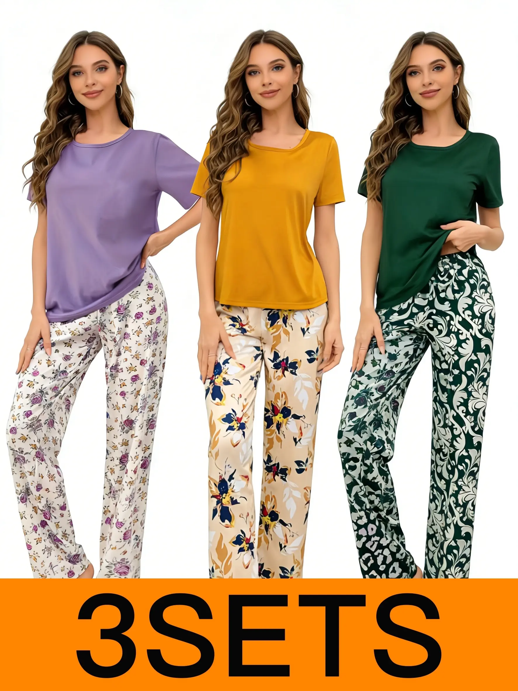 Women's 3-Piece Mixed Floral Vintage Botanical Print Soft Pajama Set, Comfortable Loungewear for Home Sleep