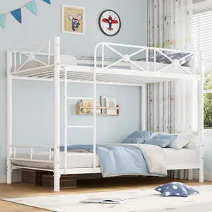 Metal Bunk Bed Twin Over Twin, Industrial Bunkbeds Heavy Duty Bed with Safety Guard Rails and Space-Saving Design, Steel Bed for School, Bedroom, White