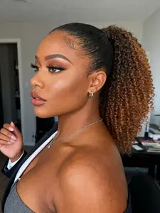 14 Inch Ombre Brown Afro Curly Drawstring Ponytail Wig, Lightweight Fluffy Natural Synthetic Hair Ponytail for Black Women, Easy to Wear for Summer