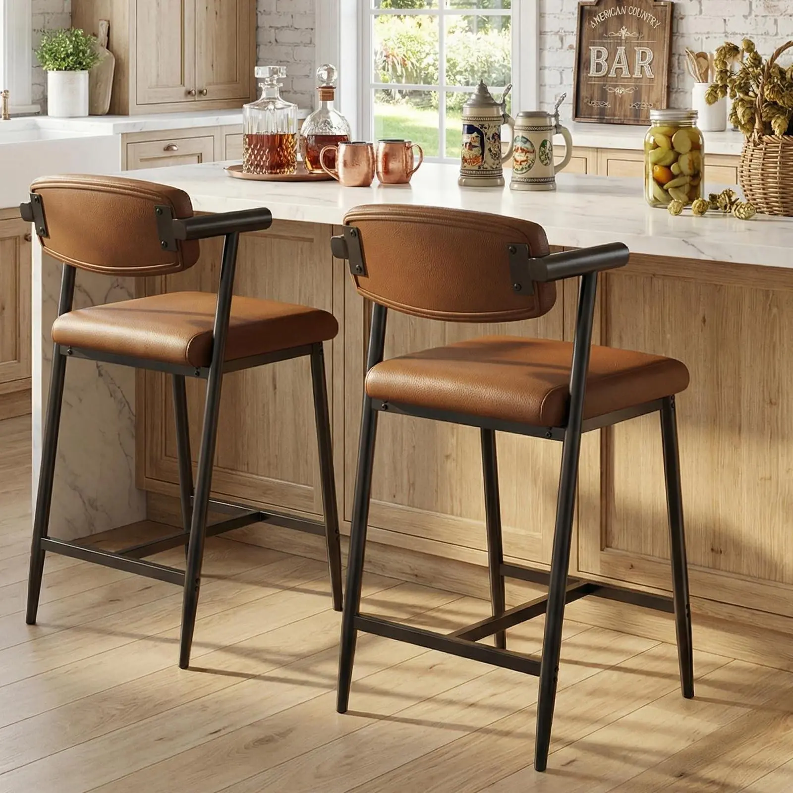 Bar Stools Set of 2 with Arms, Modern Counter Height Metal Barstools Set with Long Back & Footrest, Upholstered Wider Soft Seat, Sturdy Frame, for Counter Bar, Kitchen Island, Coffee Brown