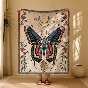 Big Butterfly Pattern Bohemian Yarn Jacquard Woven Blanket with Tassel, Thick Soft Washable Blanket, Used for Home Decor Sofa Chair Bed Tapestry Tablecloth Floor Garden Picnic Outdoor Camping, Boho Style Blanket