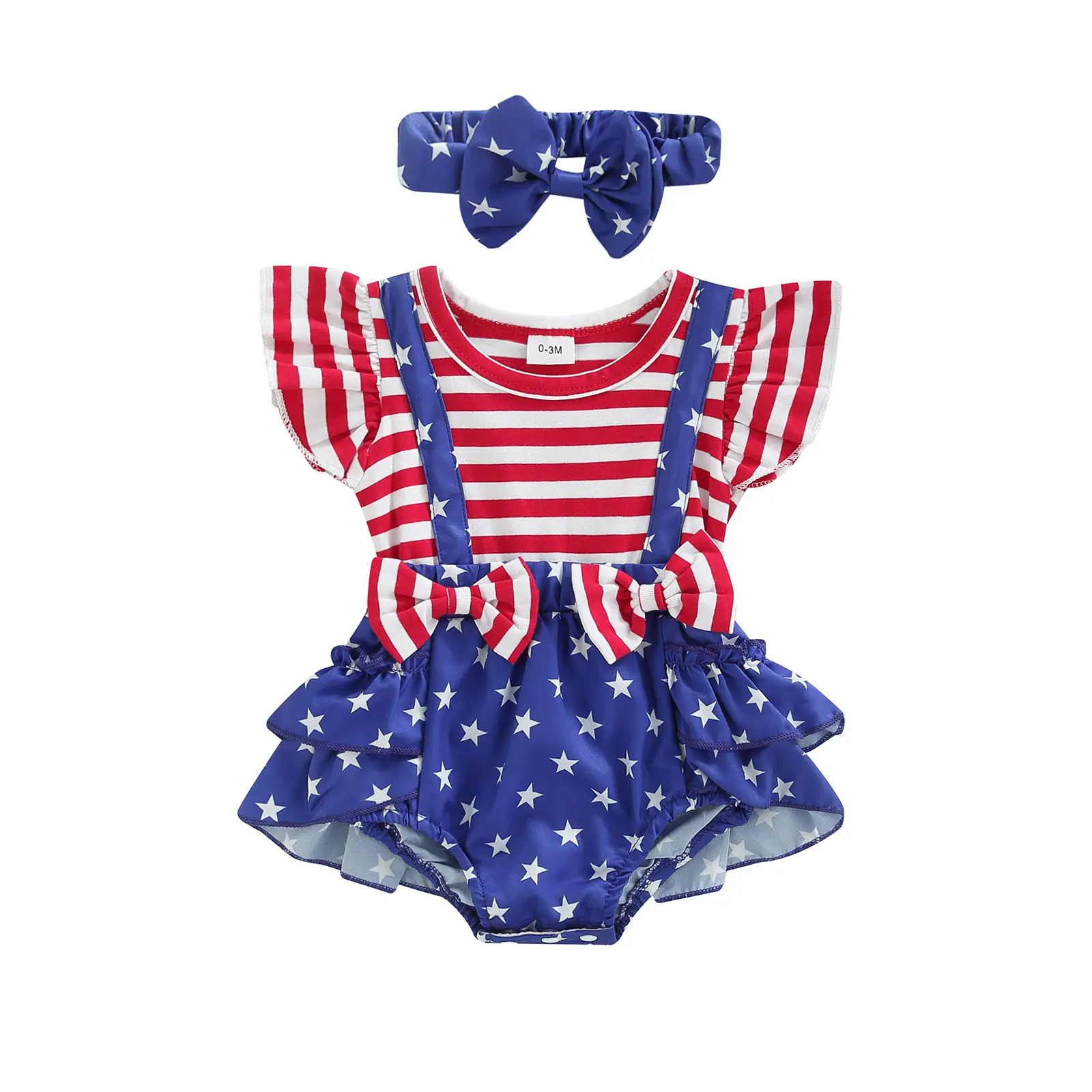 Newborn Infant Baby Girls 4th of July Romper Fly Sleeve Stripe Star Onesie Bodysuit Headband