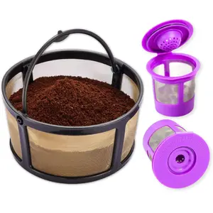 Reusable Mesh Ground Coffee Filter Carafe for Keurig K-Duo Essentials and K Duo Brewers Machine, With 2 Refillable K Cups Pod by PureHQ - Gold Tone Mesh Filter - Value Pack