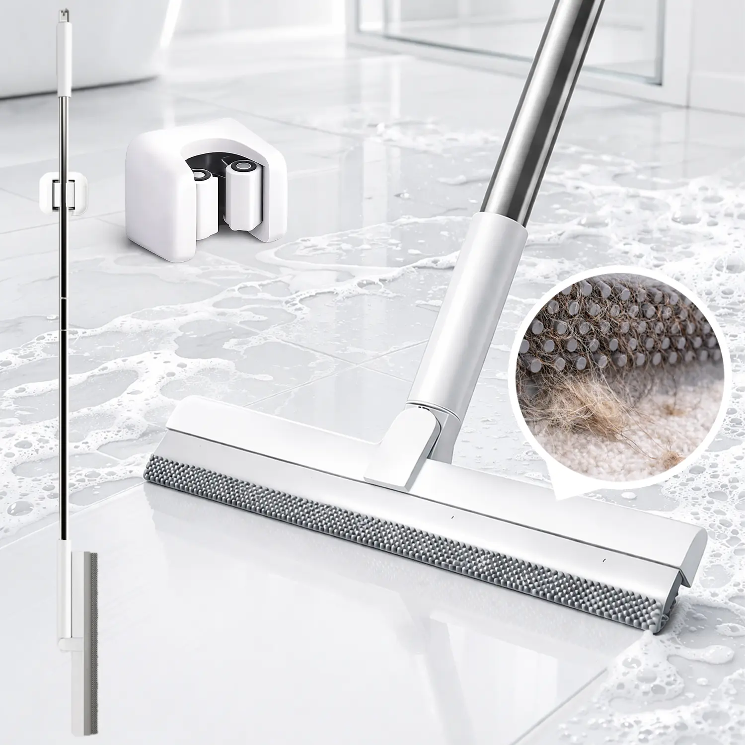 Household Rubber Silicone Squeegee Broom with Long Handle - Slim Head Multi-Purpose Cleaning Tool for Water, Dust, Pet Fur Removal on Smooth Bathroom Tile, Carpet