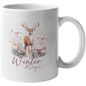 Winter Magic with Watercolor Reindeer & Mushrooms Art, Christmas Season Merch Gift, White 11oz Ceramic Mug