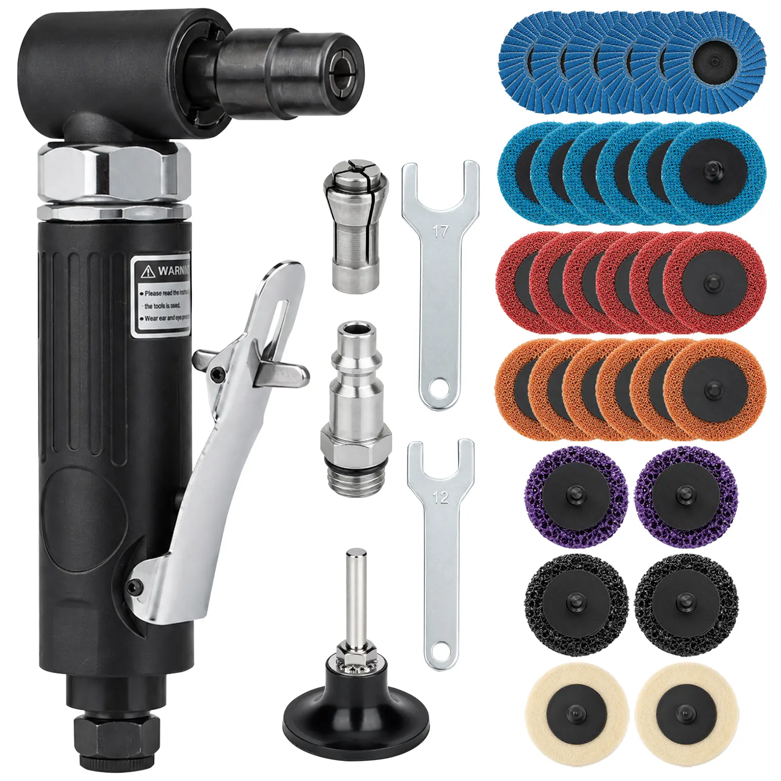 1/4" Right Angle Air Die Grinder - Heavy Duty 20,000 RPM Compressed Sander Polisher Tool for Contour Grinding, Polishing, Milling,with 2" 80-400 Grit Sanding Discs