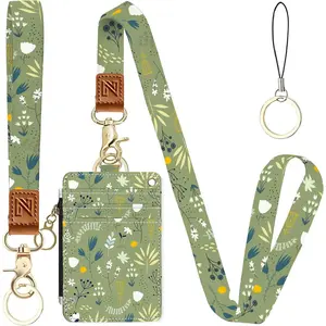 Flower 2-in-1 ID Badge Holder & Lanyard Wallet for Teachers,Nurse,Professionals-Cute Zippered  Pouch,Removable Wristlet &  Lanyard,5 Card Slots Stylish Work Essential 2