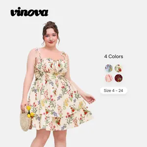 Vinova Women's Lightweight Floral A-Line Dress with Adjustable Bust Tie-Front, Puff & Off, Shoulder Sleeves, Stretchy Back Design, Spring Summer Dresses for Women, Plus & Standard Sizes