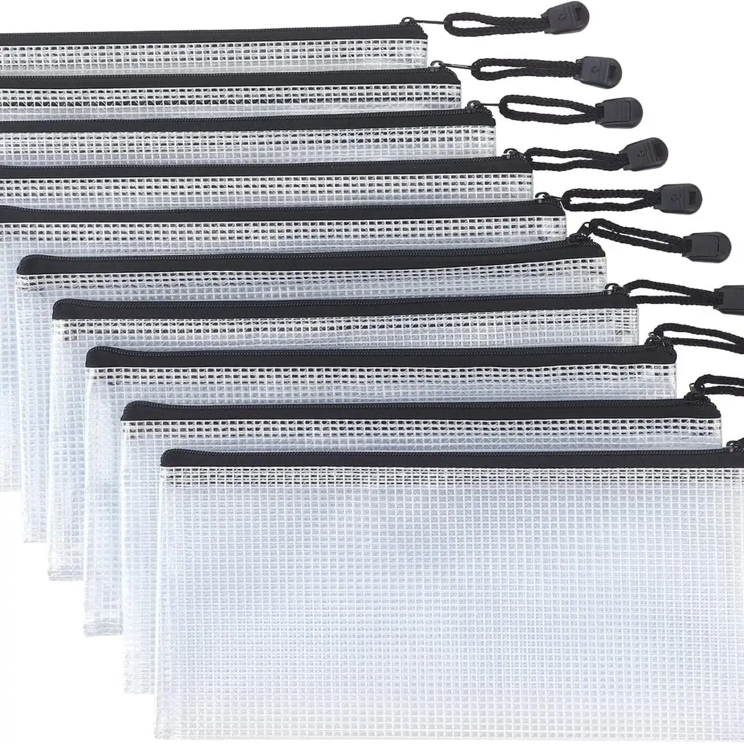 10-Piece A6 Mesh Fabric Organiser Zipper Bags, 9.25x4.5 Inches Waterproof Resealable Portable Home Supplies Pouch Set, for Office/Travel Stationery Storage
