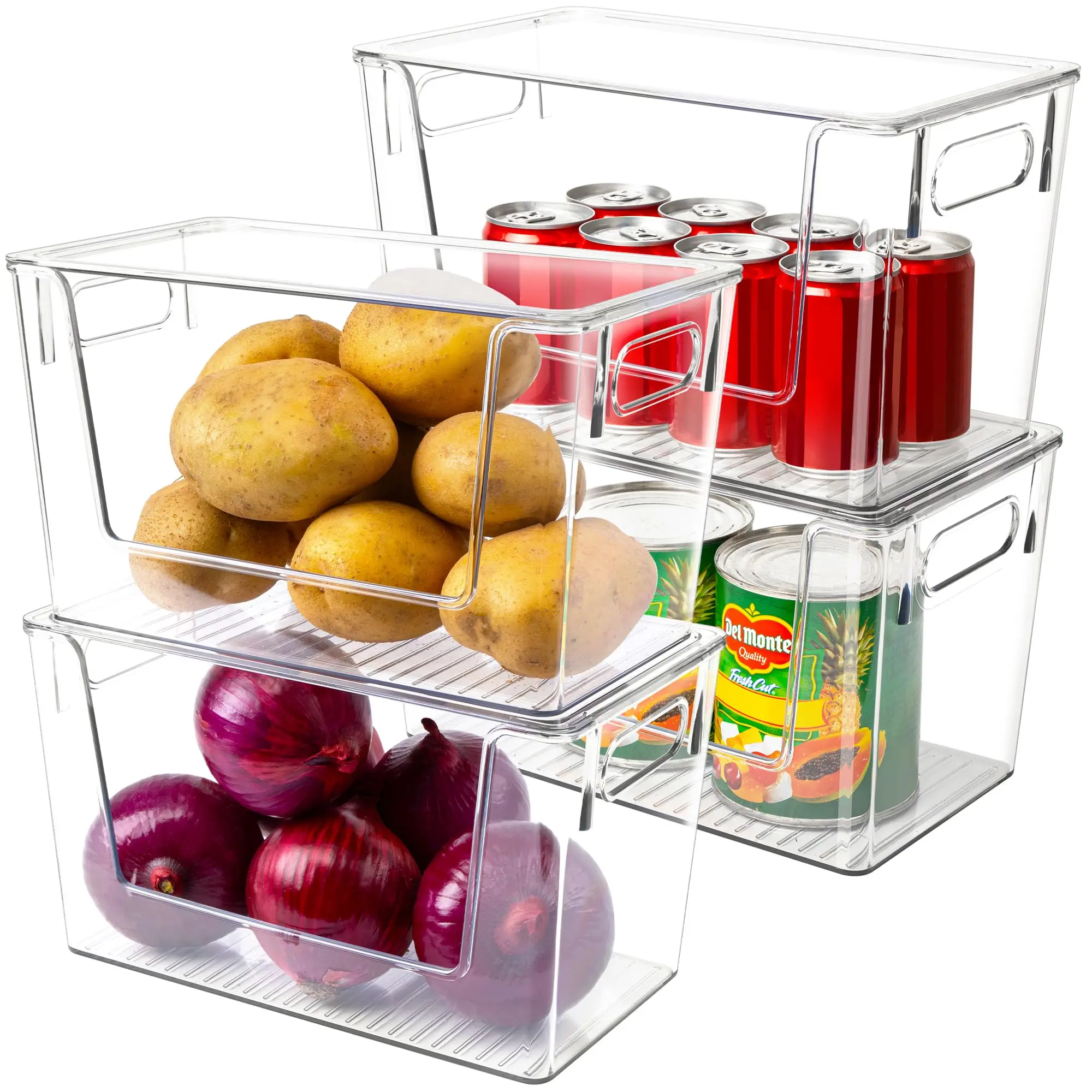 4 Pack Large Stackable Storage Bins  Plastic Container Organizer With Open Front Pantry Organizers And For Potato Onion Fruit Vegetable Clear Kitchen Laundry Lid