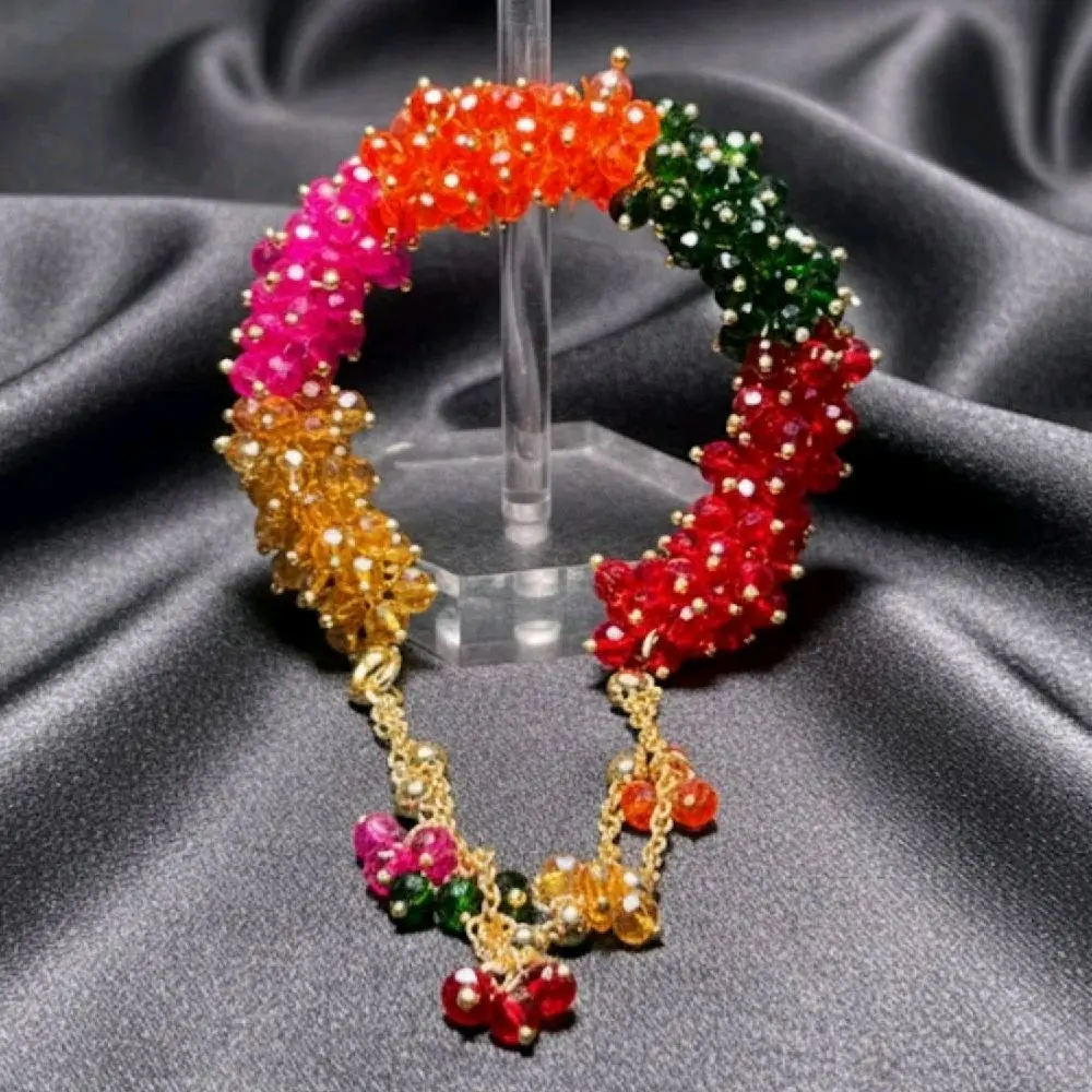 Gota Beads Bazaar Clustered Twisted Gajra Style Mala Locket & Earrings Set with Colorful Beads and Bangle Pair