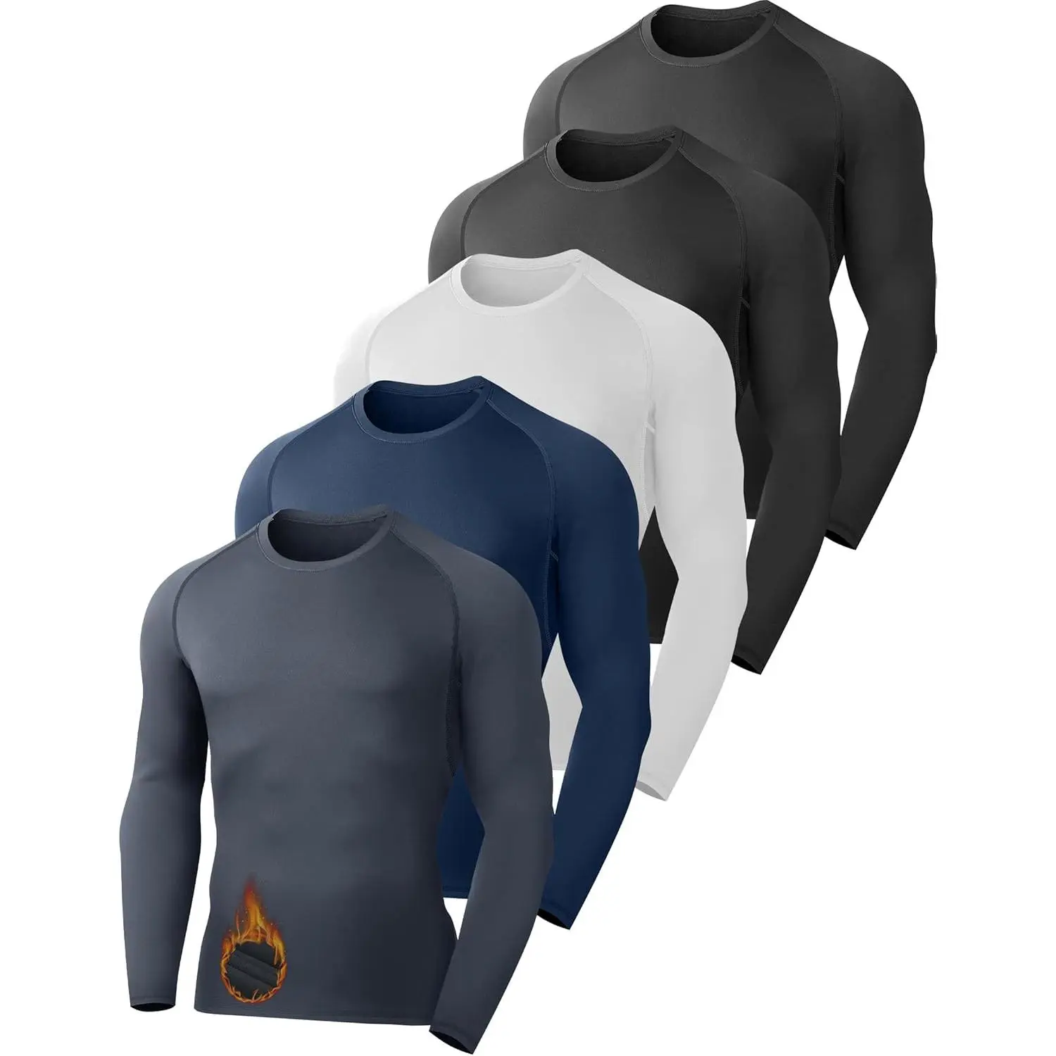 Men's 5-Pack Fleece-Lined Thermal Compression Shirts, Plain Stretch Fabric Menswear, Long-Sleeve Athletic Base Layer Undershirts for Winter Outdoor Workout Gear, 2 Black/White/Blue/Dark/Gray